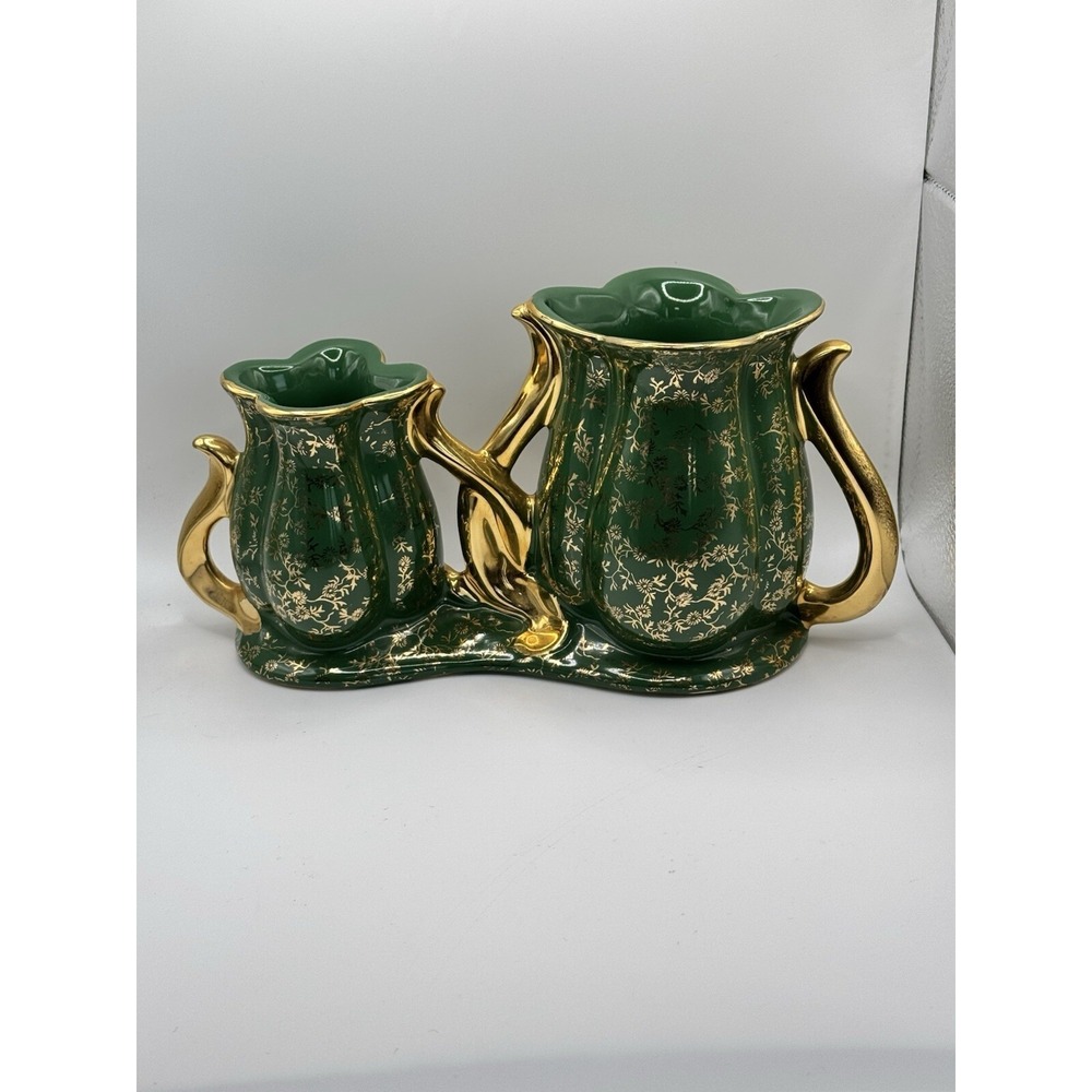 Vintage Pearl China Co Green Double Bud Vase‎ Gold Floral USA Mid Century